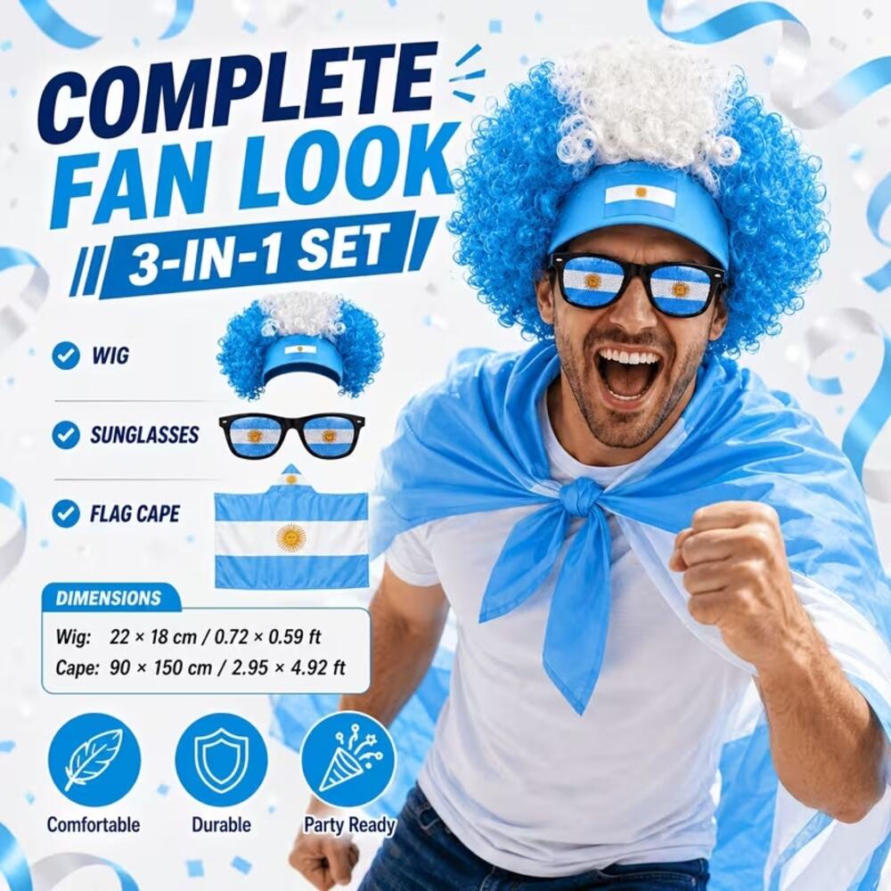 Argentina Fan Costume Kit, Soccer, Blue White Wig, Flag and Sunglasses World New
